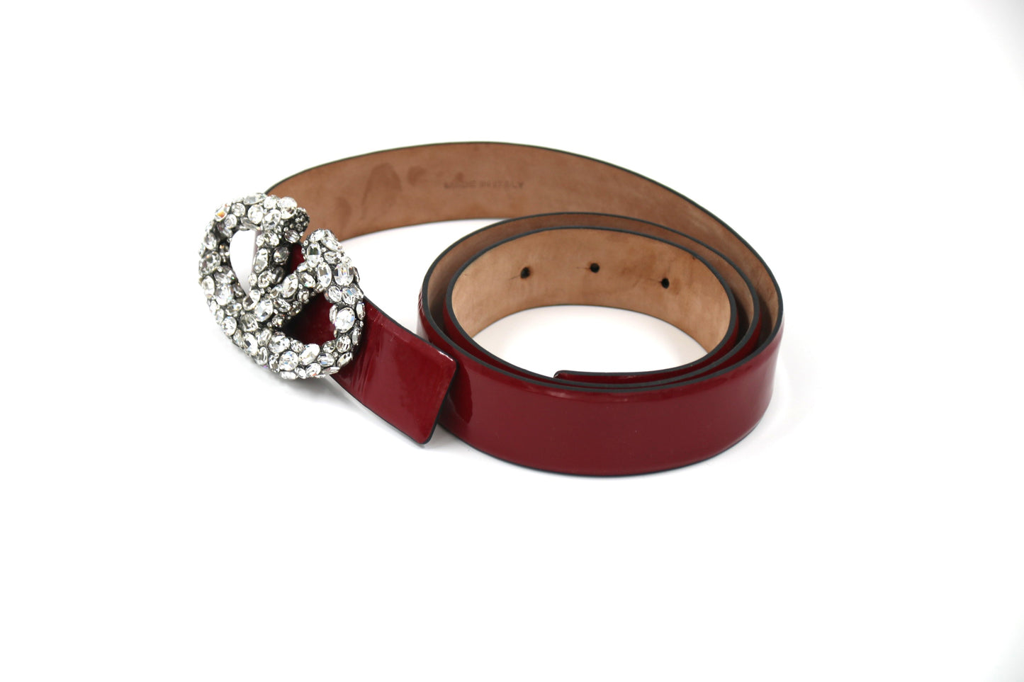 VALENTINO CARAVANI Burgundy Patent Leather Belt – 85CM with Crystals & Iconic Logo