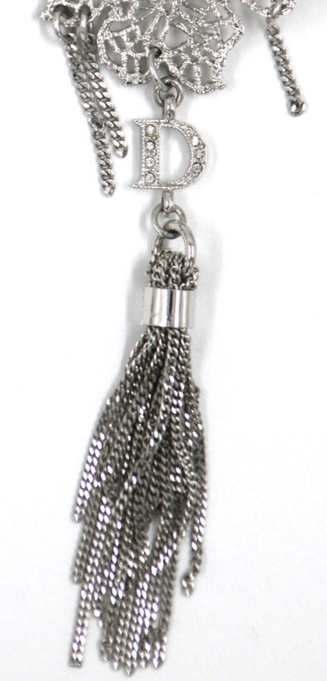 DIOR Silver Filigree Tassel Clips Earrings with Large White Stone and D Letter