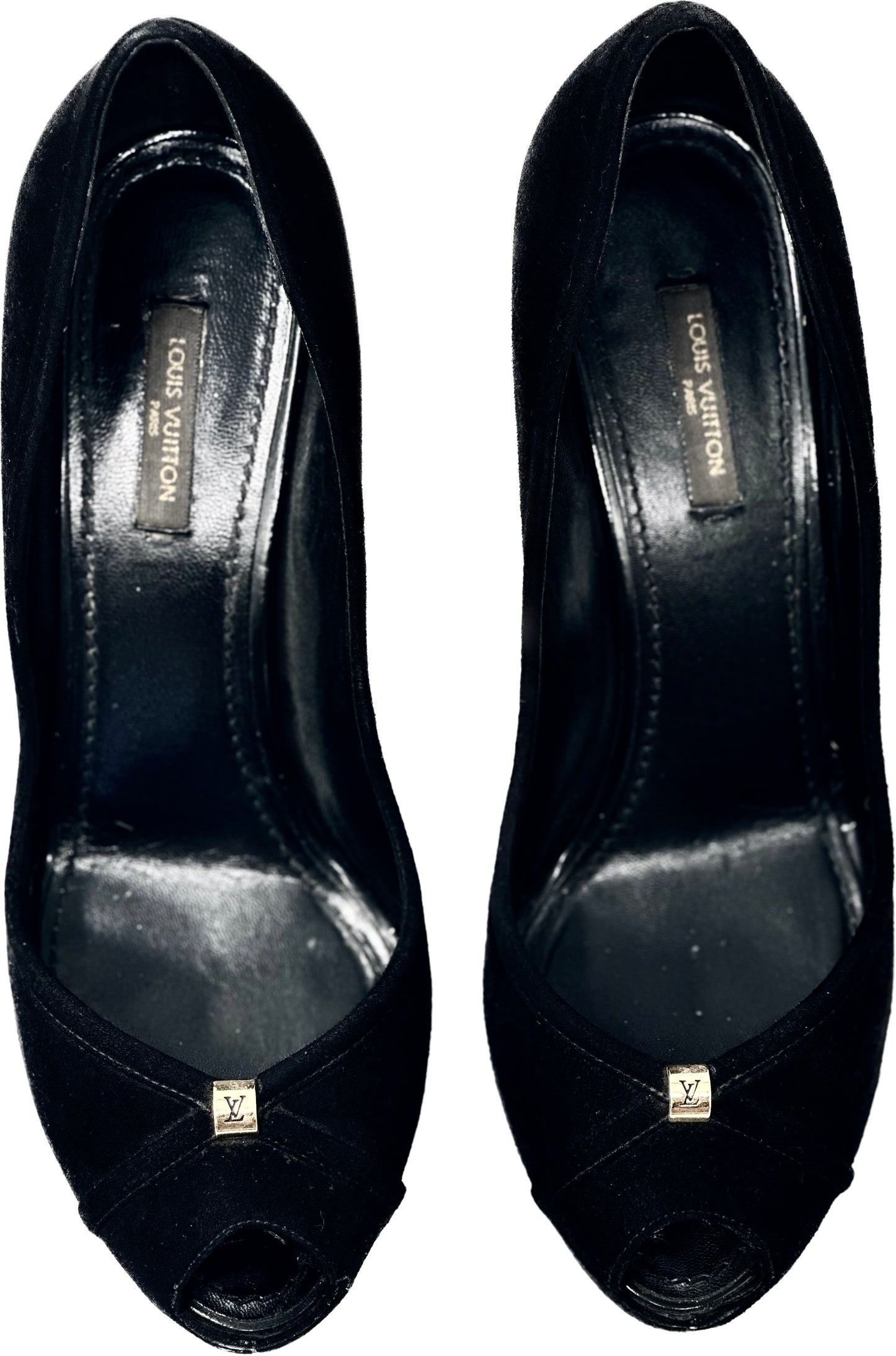 LOUIS VUITTON Black Suede Platform Pump Shoes with LV Metal Detailing