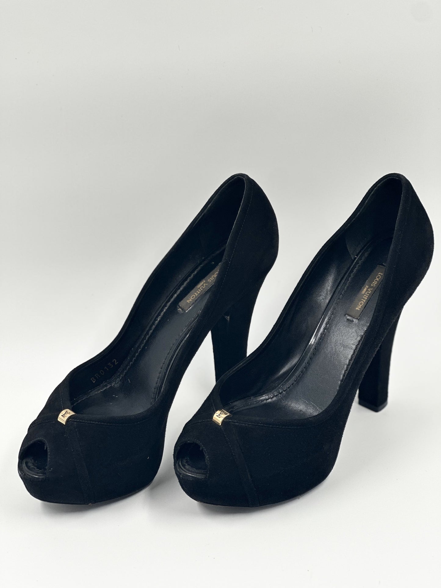 Louis Vuitton Black Suede Platform Pump Shoes with LV Metal Detailing | Size 39