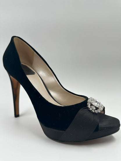 CHRISTIAN DIOR Black Velvet Peep Toe Heels with Oval Crystal Brooch - Size IT 39