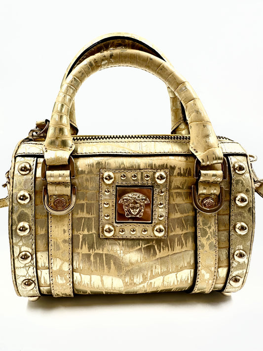 Gianni Versace Gold Croc Embossed Leather Mini Boston Bag | Very Good Condition | Small Size