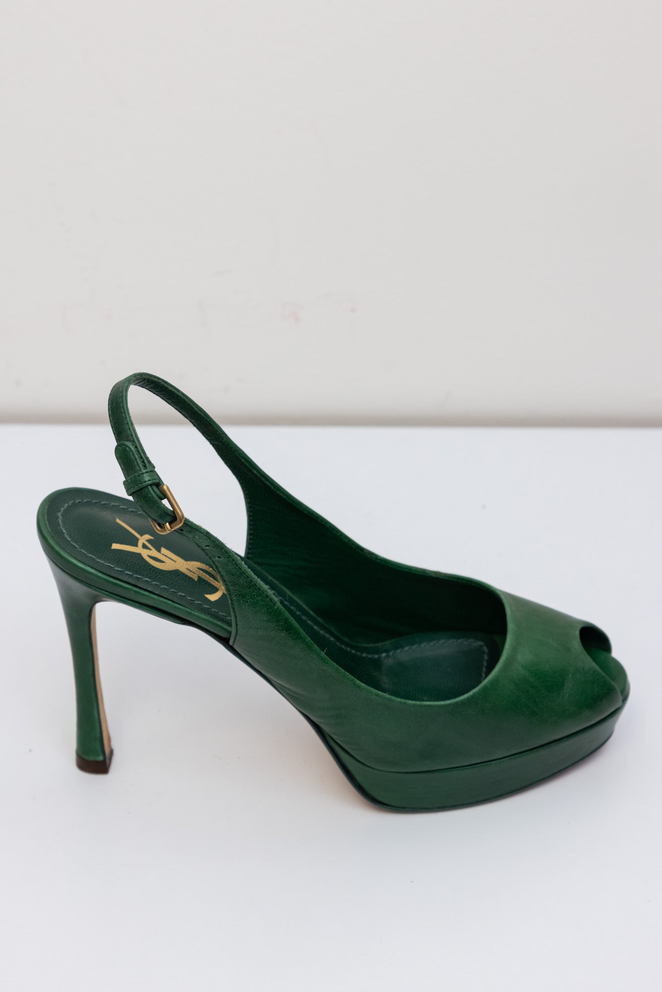 YVES SAINT LAURENT Green Leather Sling-back Pumps Heels | Size IT 37 | Made in Italy