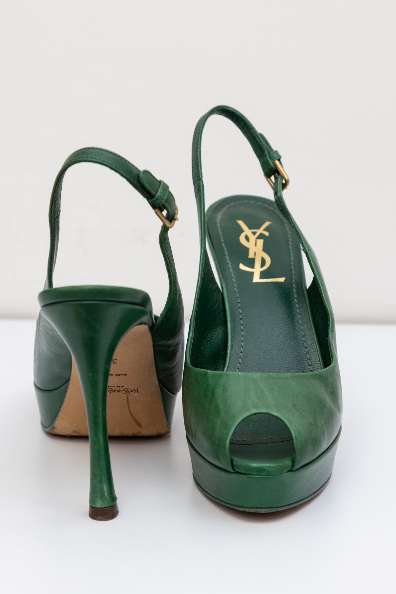 YVES SAINT LAURENT Green Leather Sling-back Pumps Heels | Size IT 37 | Made in Italy