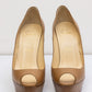 CHRISTIAN LOUBOUTIN Tan Leather Wooden Heel Open Toe Red Bottom Platform Pumps - Size IT 37.5 - Very Good Condition - Made in Italy