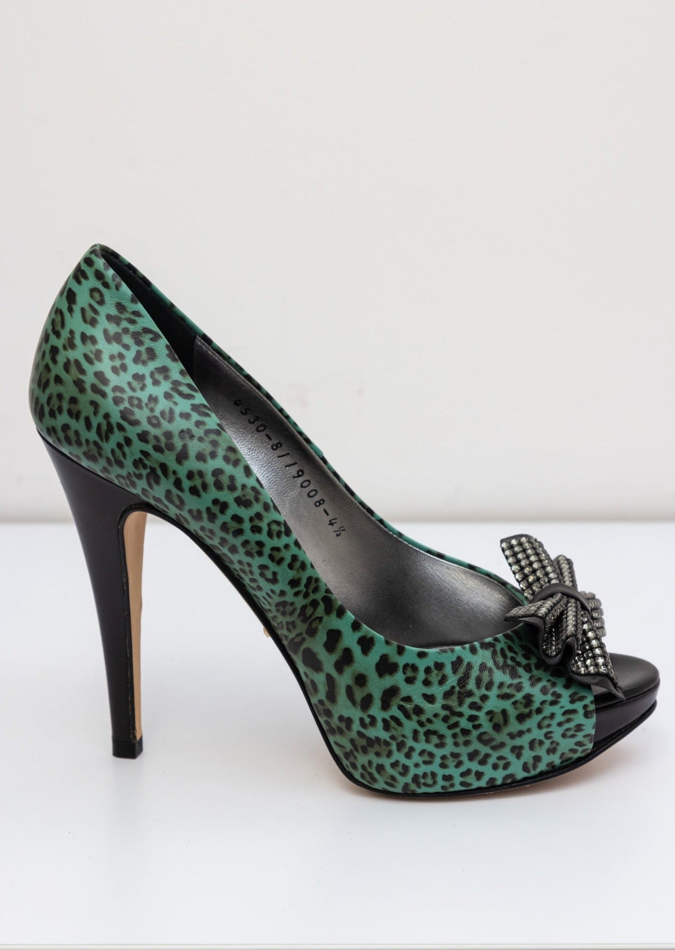 GINA Leather Green Heels Shoes with Leopard Print | Size UK 4.5 | Made in England