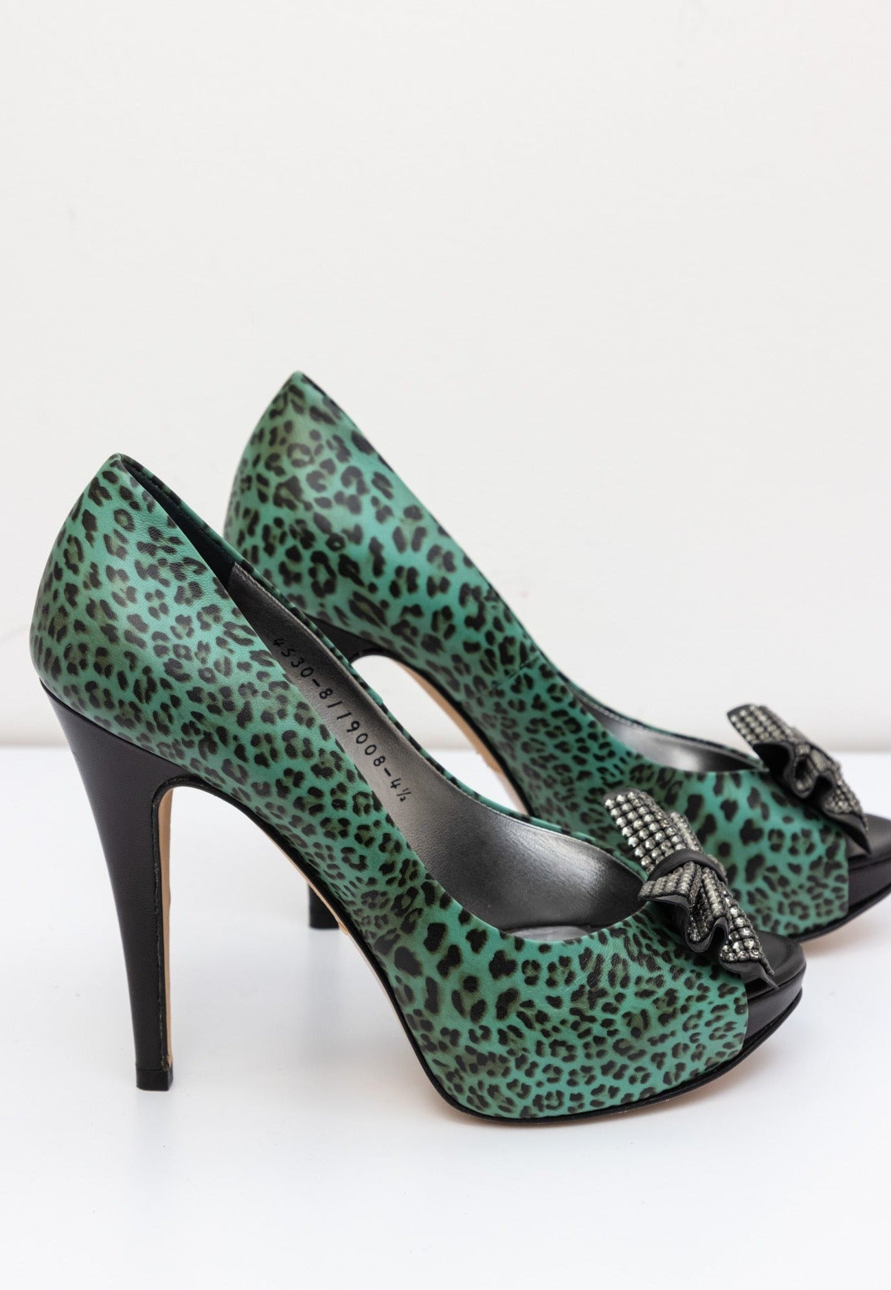 GINA Leather Green Heels Shoes with Leopard Print | Size UK 4.5 | Made in England