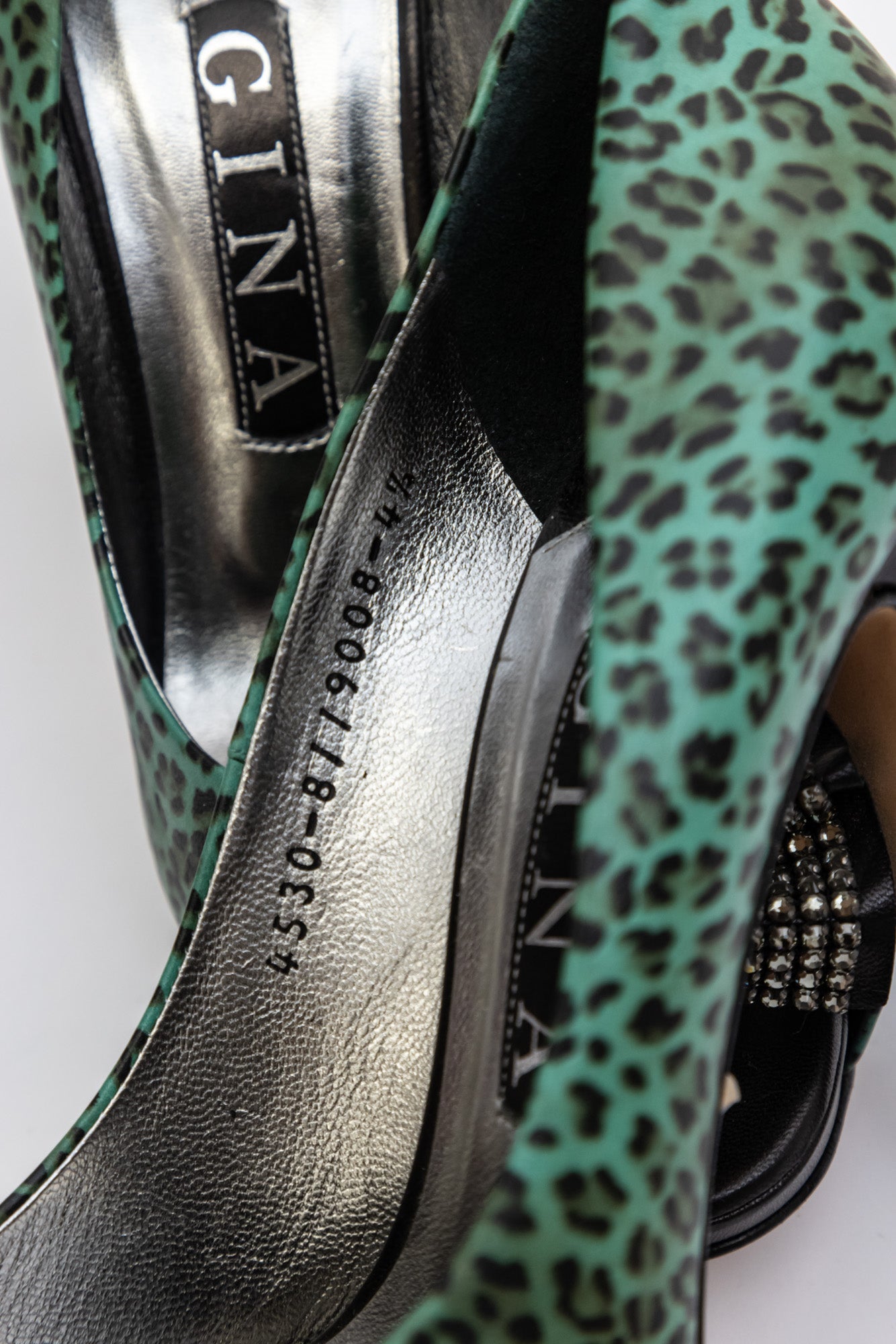 GINA Зеленые кожаные туфли на каблуке с леопардовым принтом