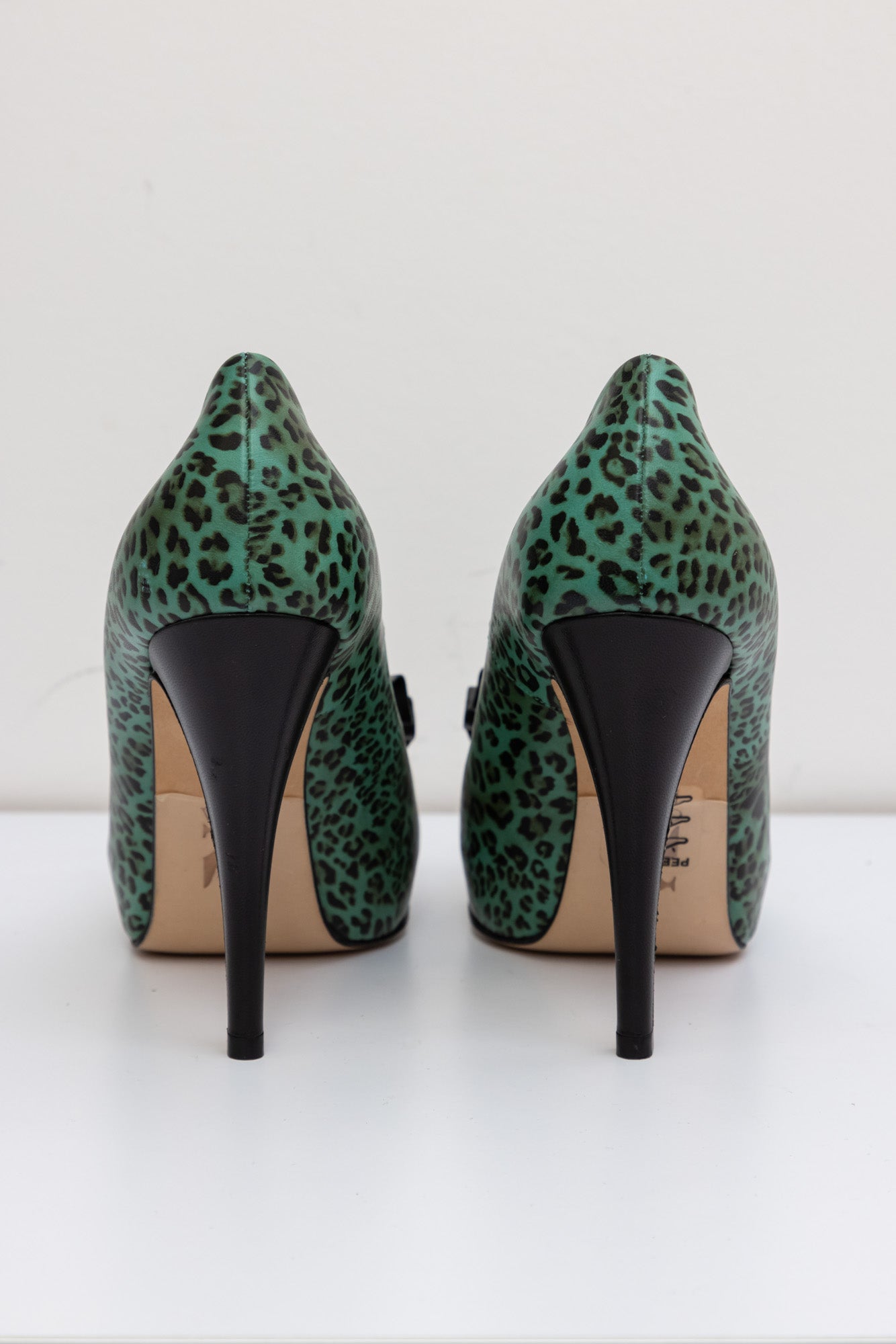 GINA Leather Green Heels Shoes with Leopard Print
