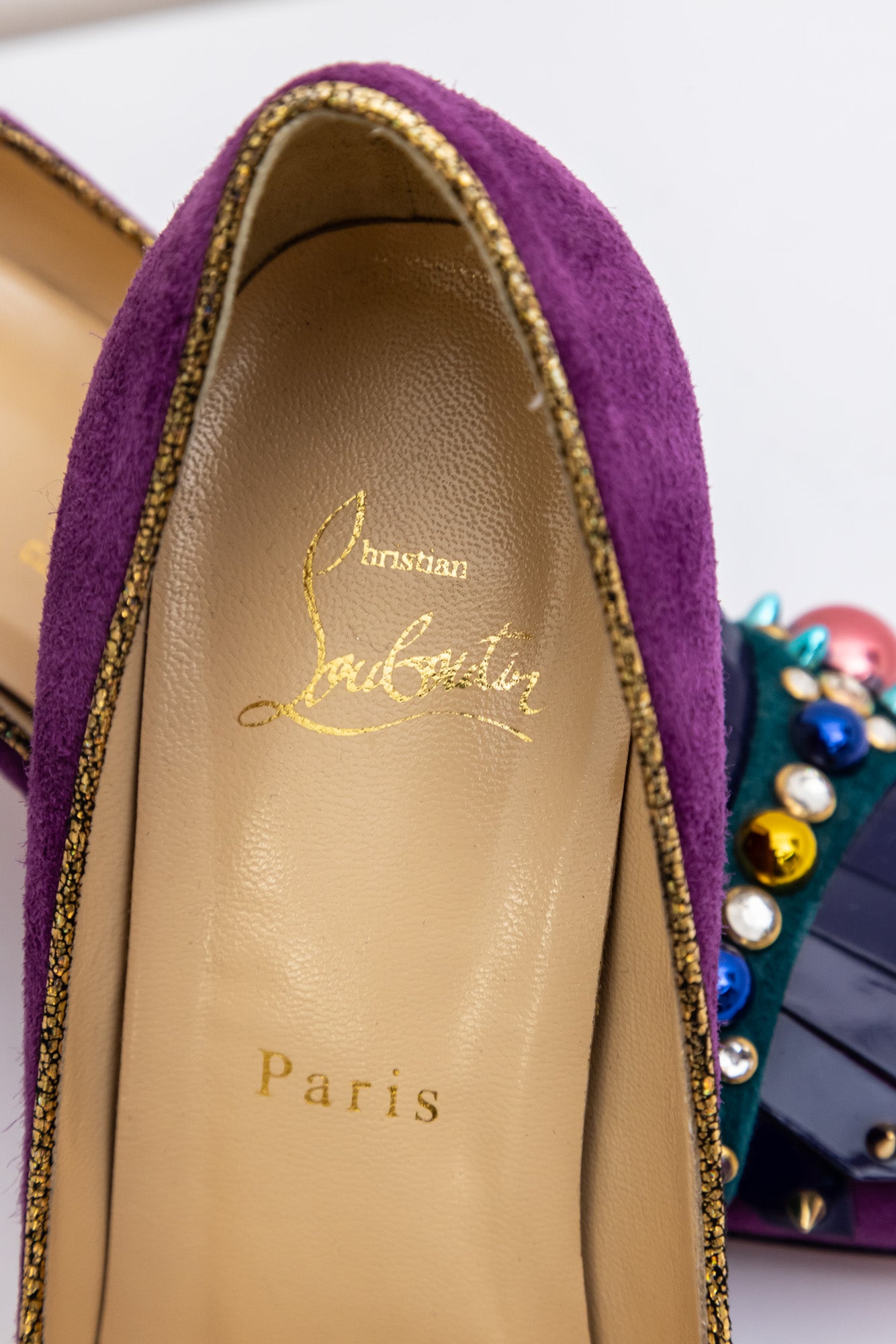 CHRISTIAN LOUBOUTIN Purple Suede Oaxacana Jeweled Pumps