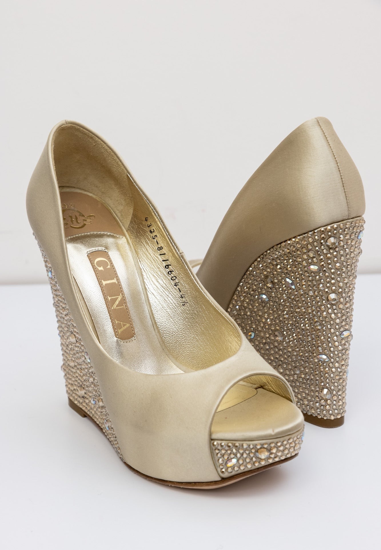 Gina Beige Satin Crystal Embellished Wedge Peep-Toe Pumps | UK 4.5