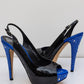 GINA Patent Leather Peep Toe Slingback Heels Sandals with Blue Crystals