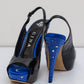 GINA Patent Leather Peep Toe Slingback Heels Sandals with Blue Crystals