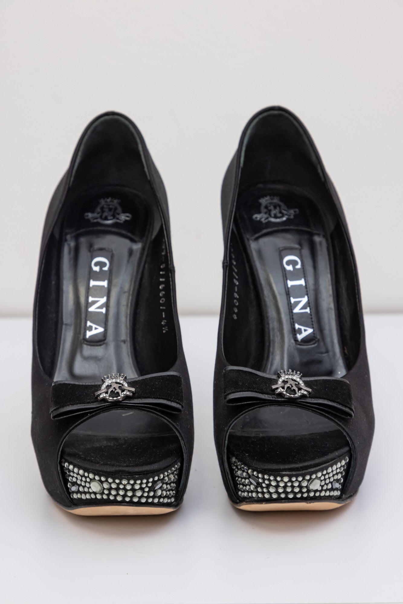 GINA Black Satin Crystal Embellished Peep Toe Platform Pumps