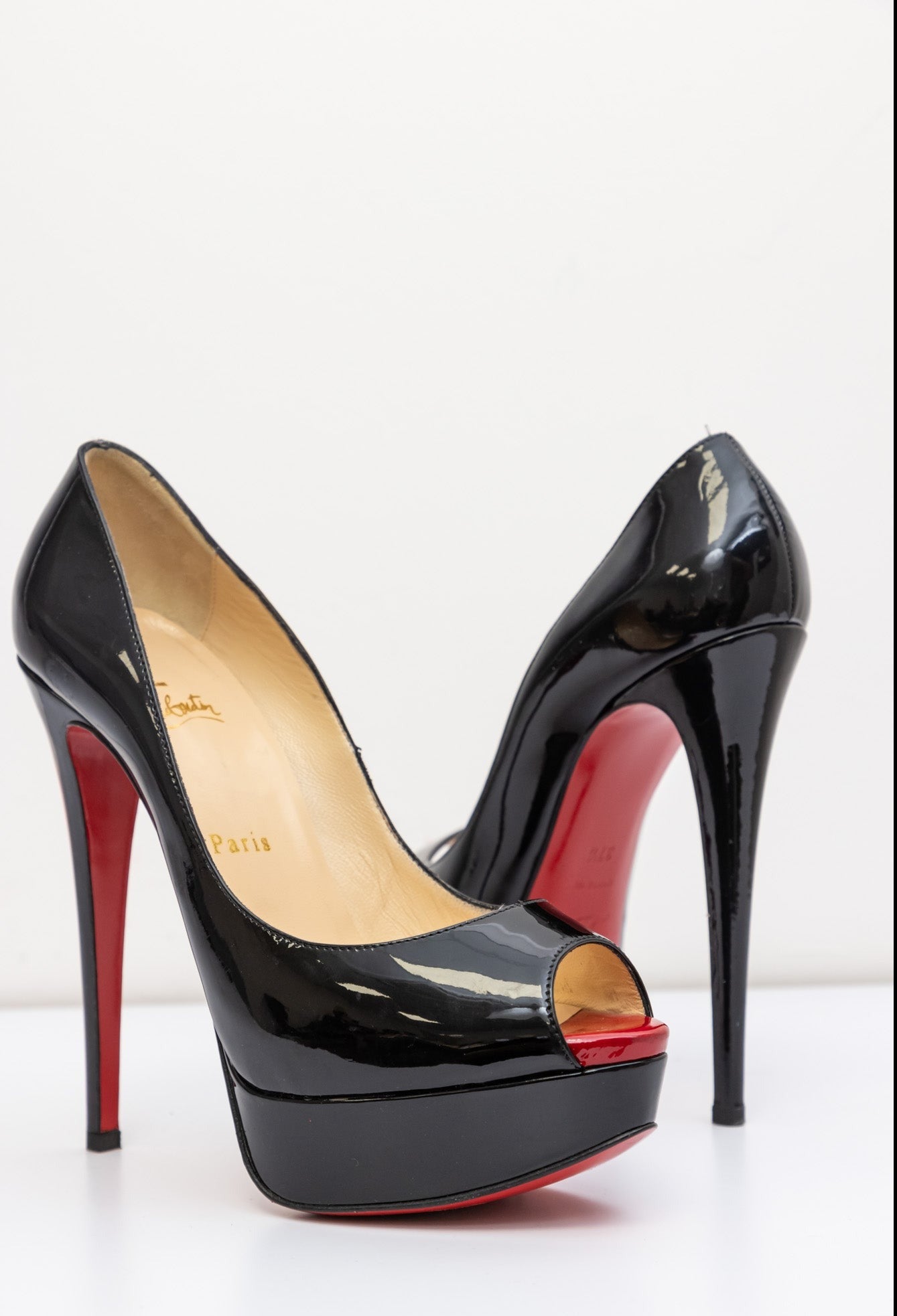 CHRISTIAN LOUBOUTIN Black Patent Leather Platform Red Bottom Heel Open-Toed | Size IT 37.5 | Very Good Condition | Made in Italy
