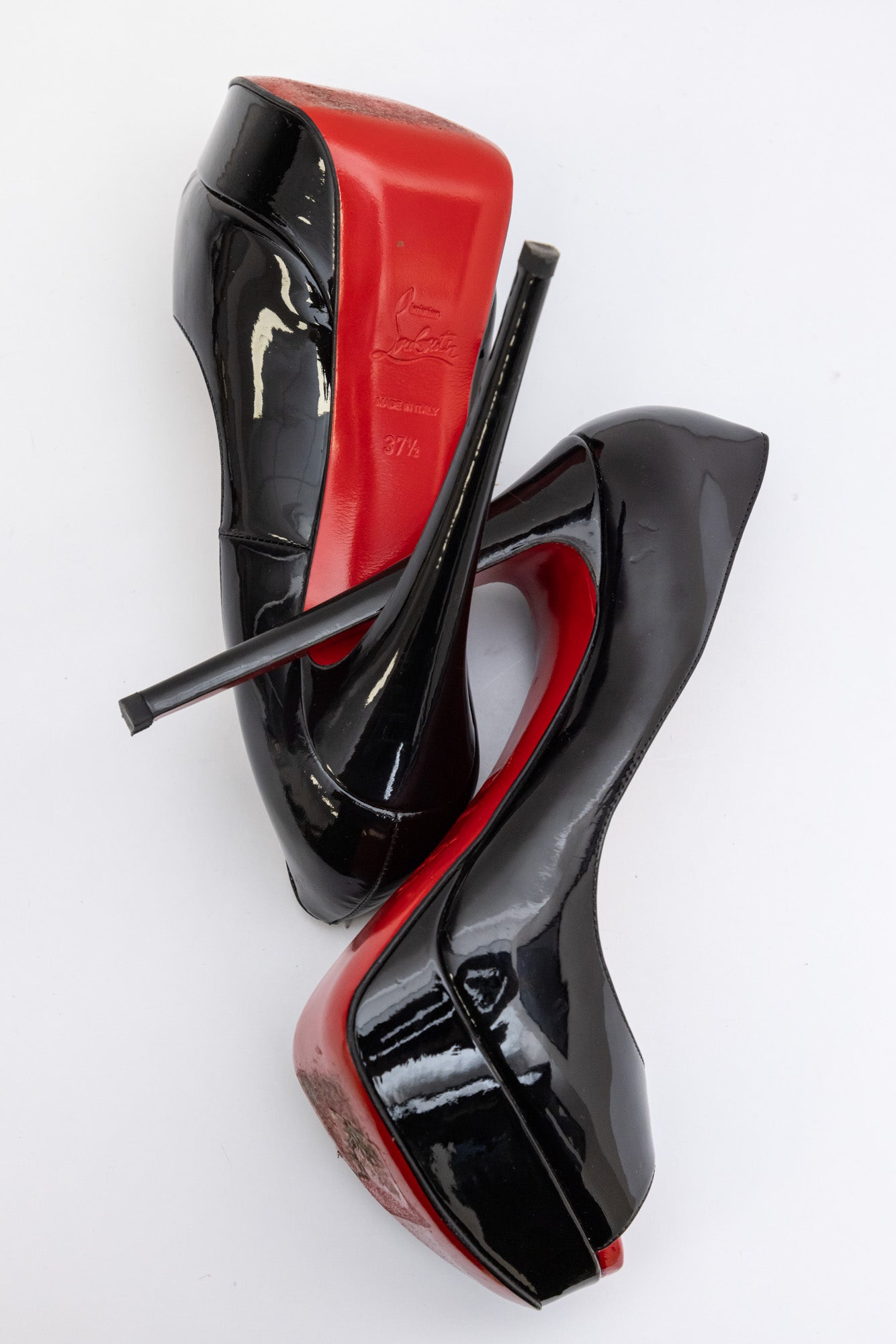 CHRISTIAN LOUBOUTIN Black Patent Leather Platform Red Bottom Heel Open-Toed