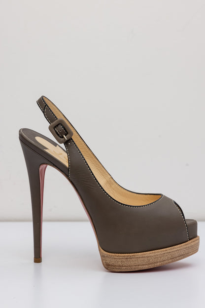 CHRISTIAN LOUBOUTIN Dark Grey Leather Sling-back Open Toe Platforms | Size IT 37.5 | Excellent Condition, Never Worn | Made in Italy