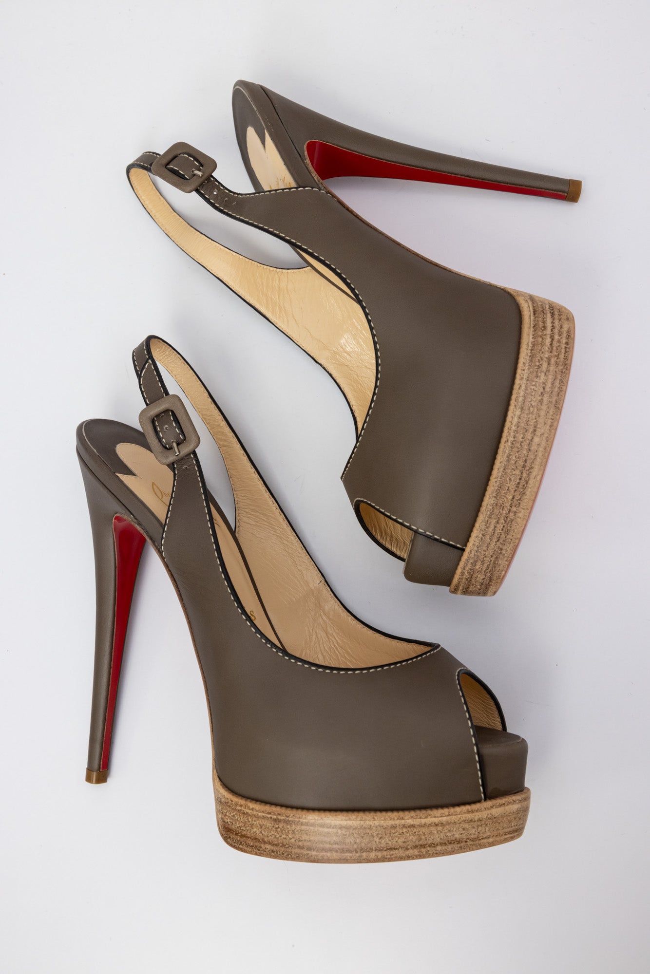 CHRISTIAN LOUBOUTIN Dark Grey Leather Sling-back Open Toe Platforms | Size IT 37.5 | Excellent Condition, Never Worn | Made in Italy
