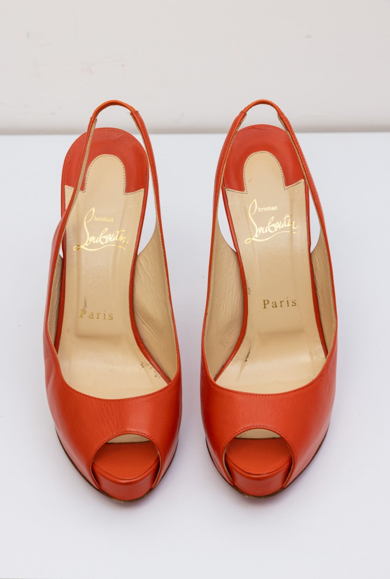 CHRISTIAN LOUBOUTIN Orange Leather Sling-back Pumps Heels Shoes - New, Size IT 38, Made in Italy