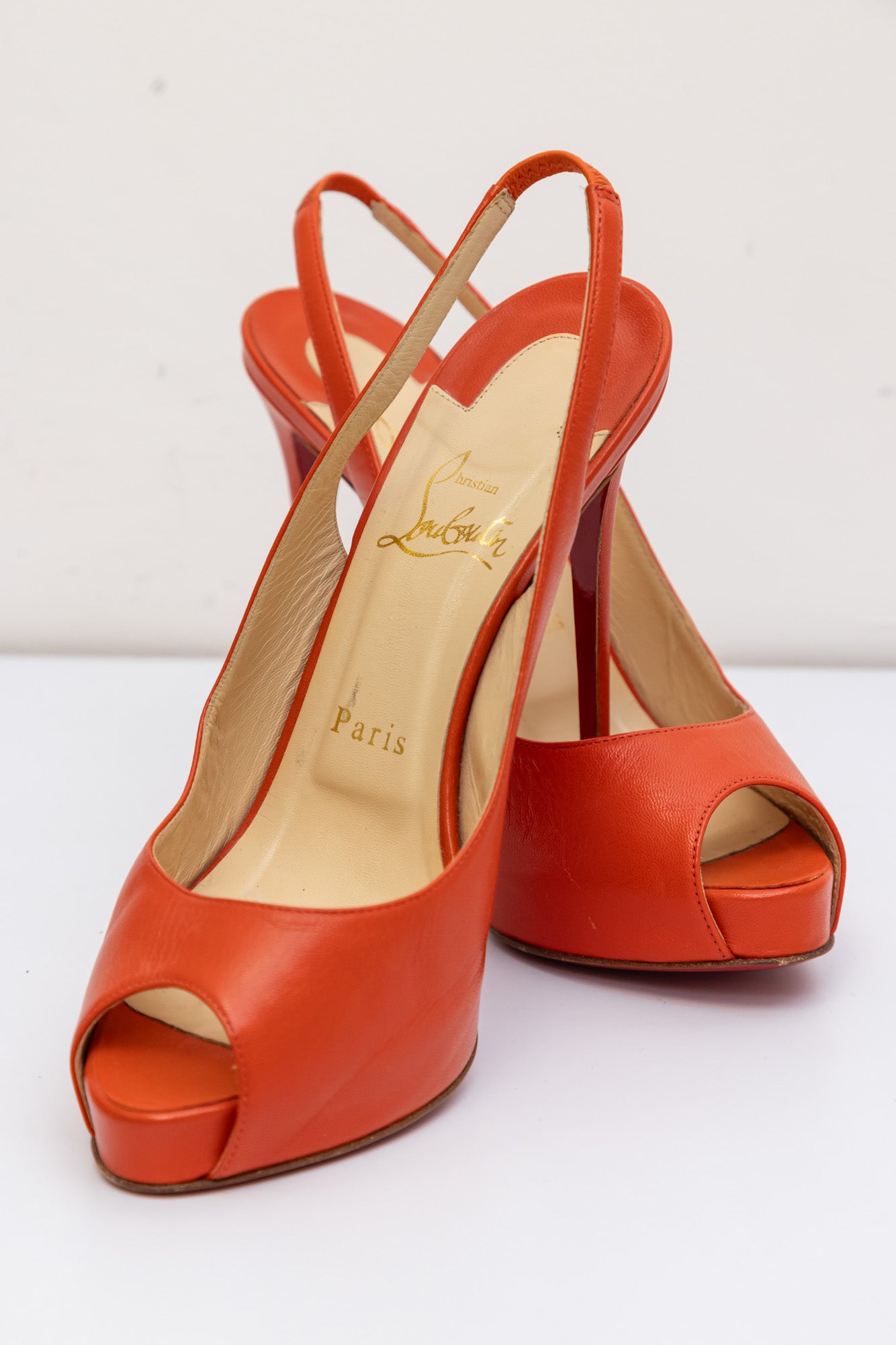 CHRISTIAN LOUBOUTIN Orange Leather Sling back Pumps Heels Shoes InFashionForever