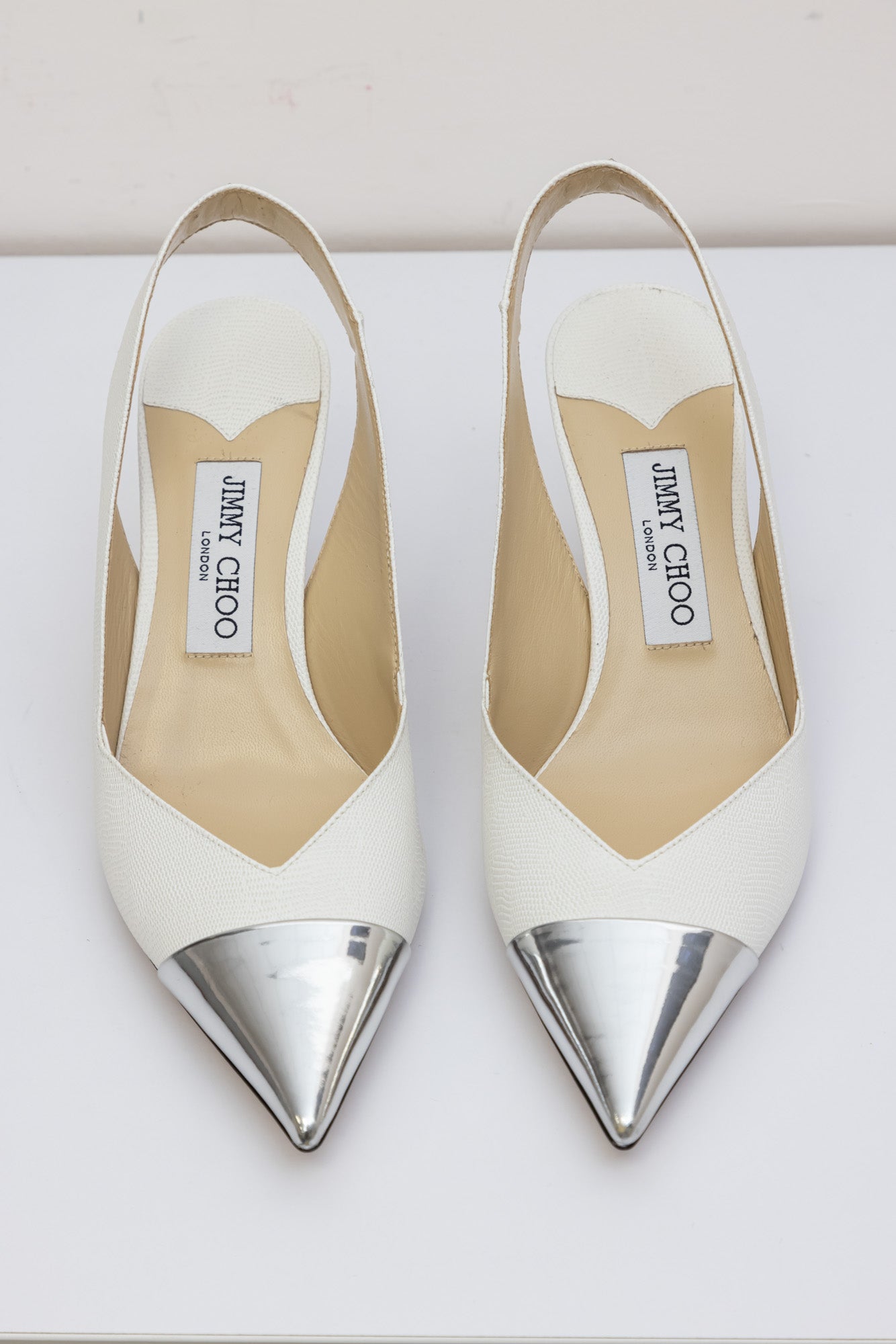 Jimmy Choo White Liya 65mm Heel Slingback Leather Pumps with Silver Toe | Size IT 38 | New Condition