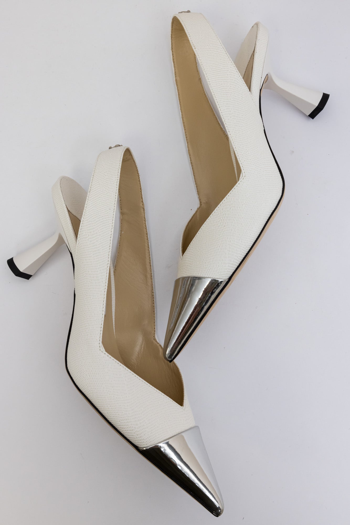 Jimmy Choo White Liya 65mm Heel Slingback Leather Pumps with Silver Toe | Size IT 38 | New Condition
