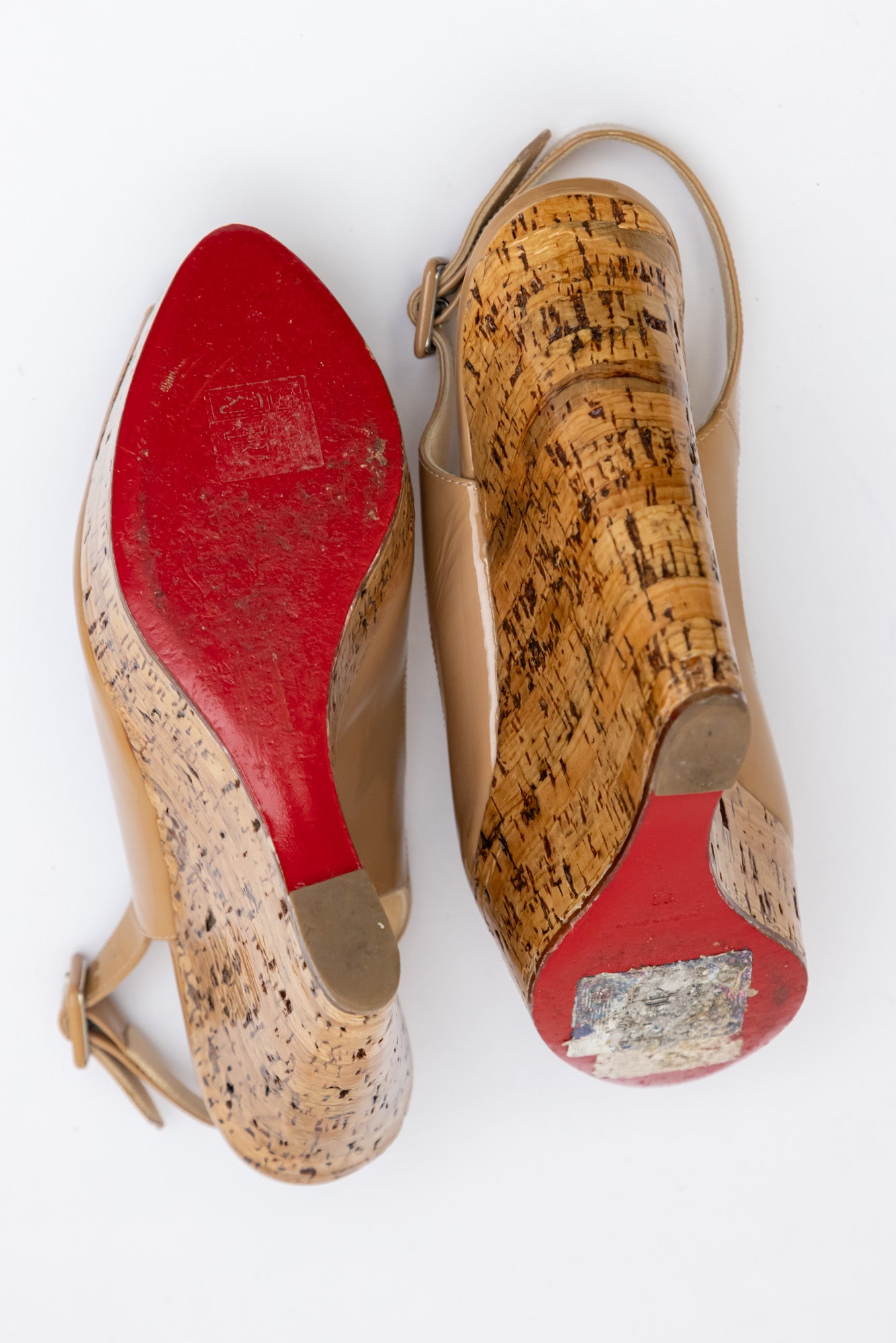 CHRISTIAN LOUBOUTIN Patent Cork Sling Wedge in Beige