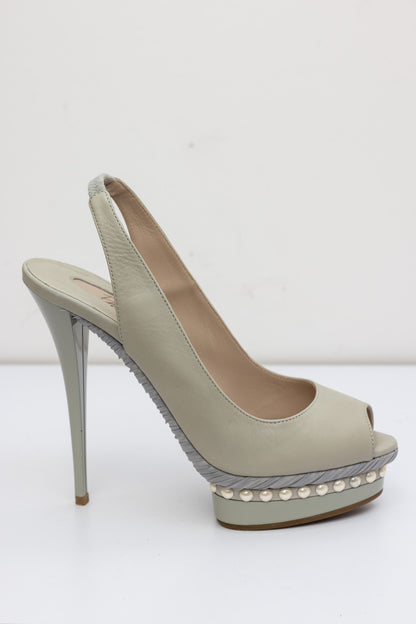 LEZILLA Light Grey Leather Heels with Pearl Lining | Size IT 37 | New