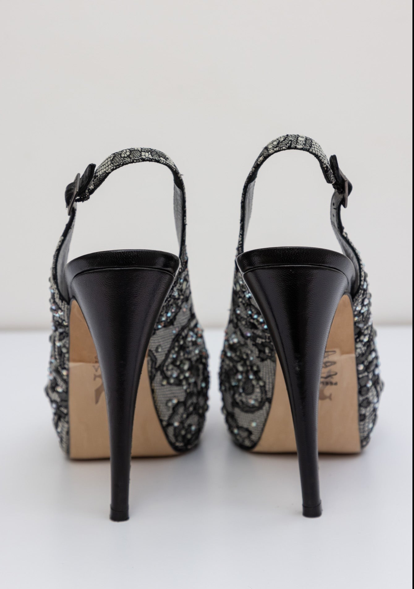 GINA תחרה שחורה קריסטל מעוטר Peep Toe Slingback פלטפורמת משאבות - נעלי יוקרה אלגנטיות