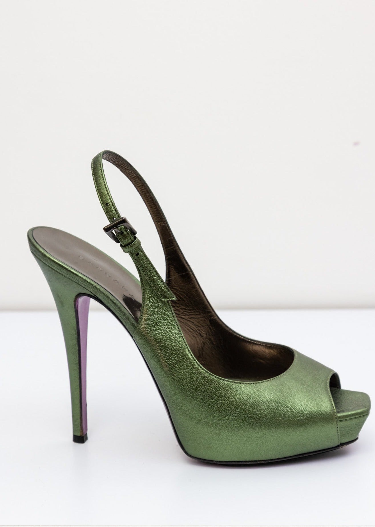 BARBARA BUI Green Metallic Slingback Leather Peeptoe Pumps | Size IT 38 | Made in Italy | Good Condition