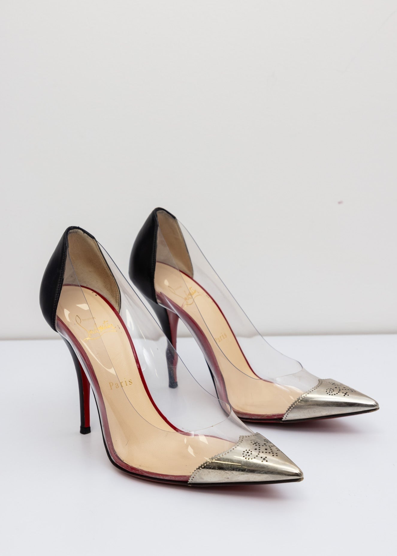 Christian Louboutin Pointed Toe Metal Clear Pumps Black Silver