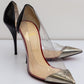 Christian Louboutin Pointed Toe Metal Clear Pumps Black Silver