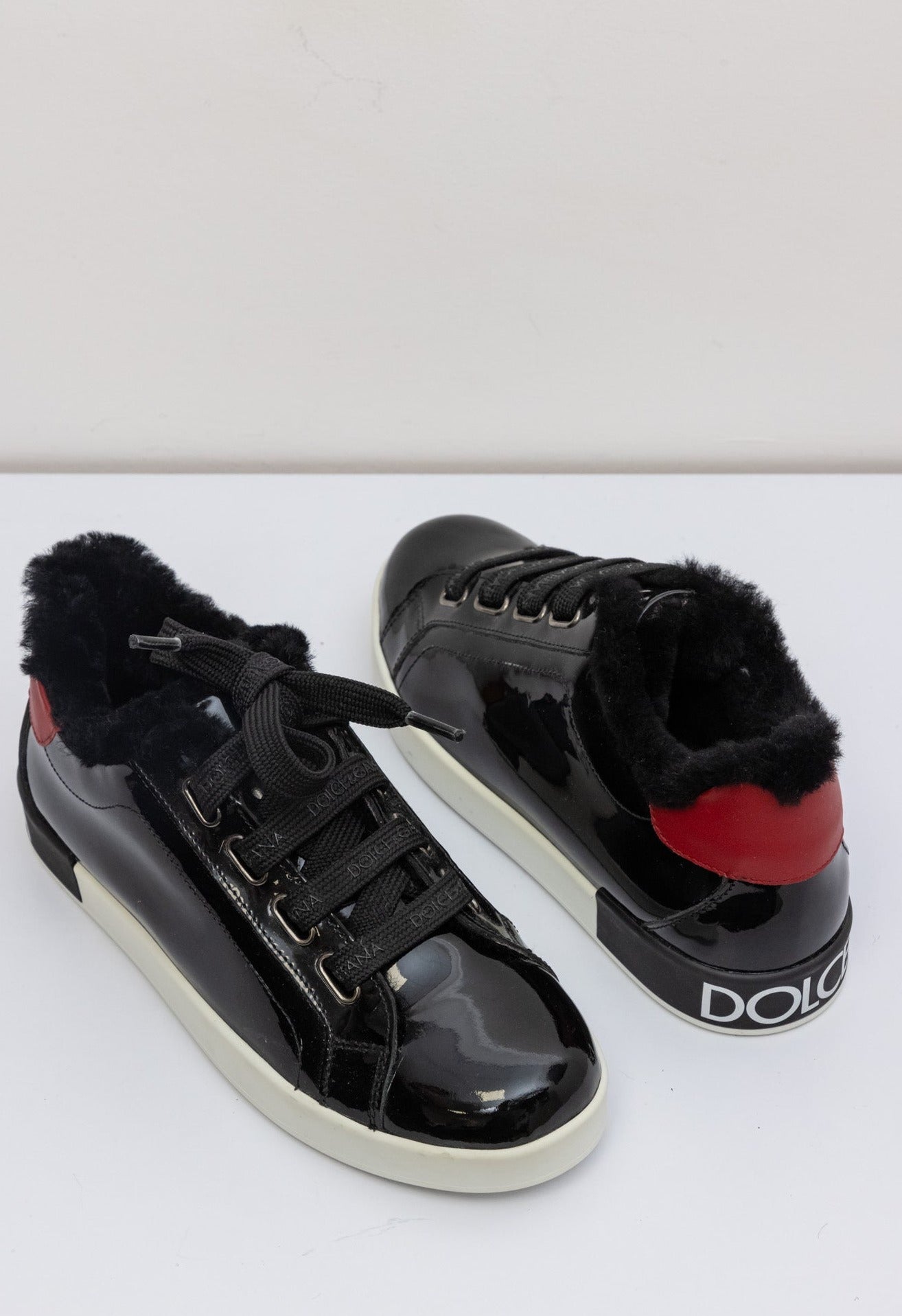 DOLCE & GABBANA Patent Leather Sneakers with Lamb Fur | IT 38 | Made in Italy