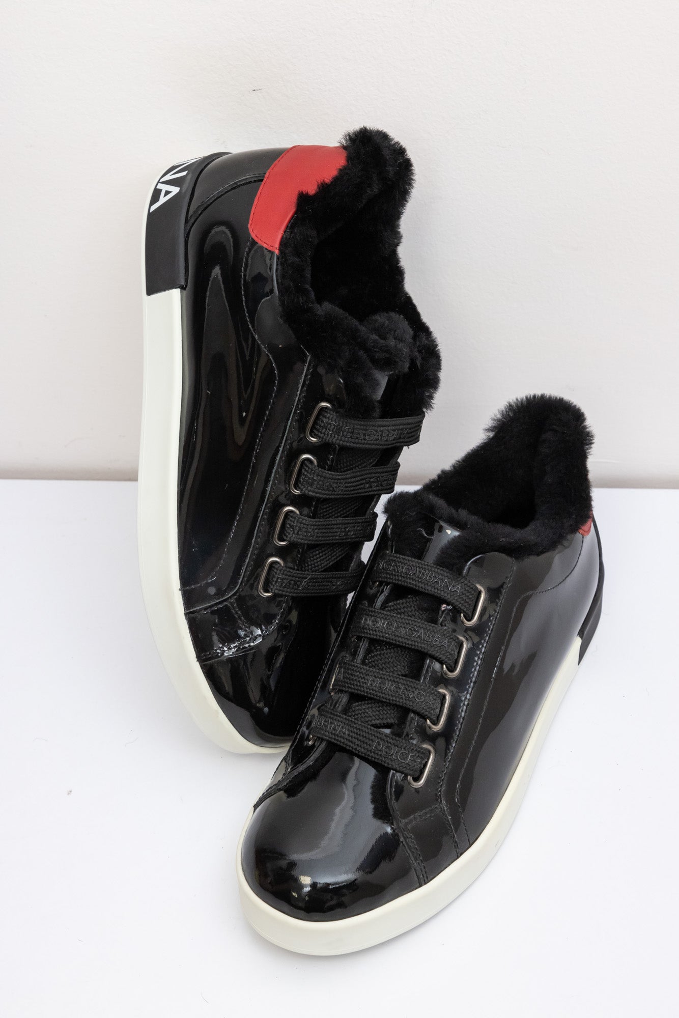 DOLCE & GABBANA Patent Leather Sneakers with Lamb Fur