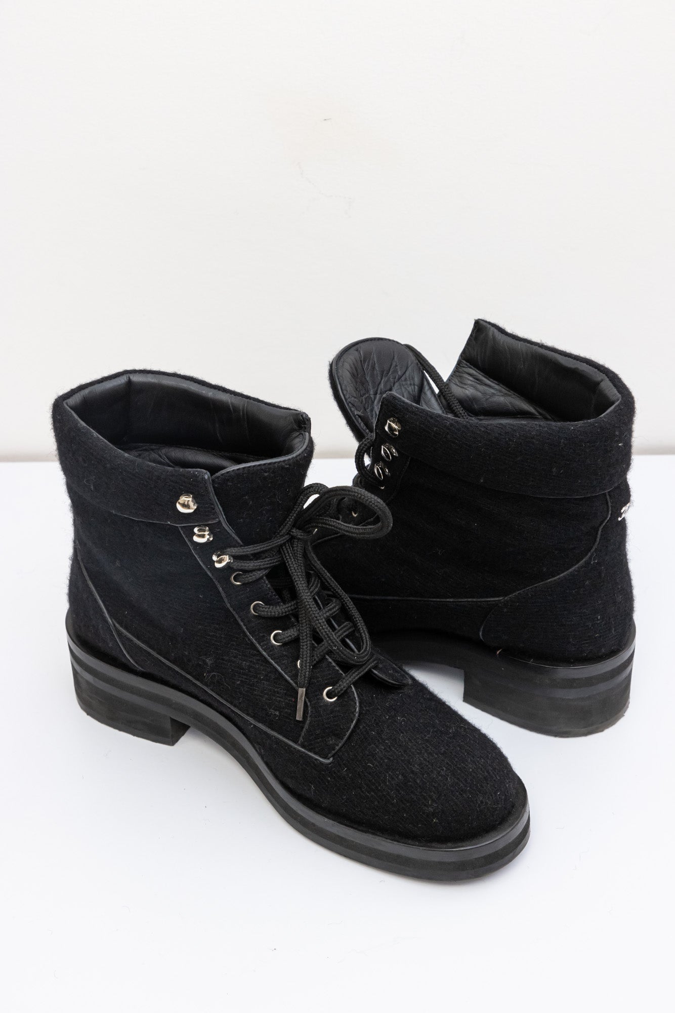 Chanel Black Quilted Wool lace up Ankle Boots 