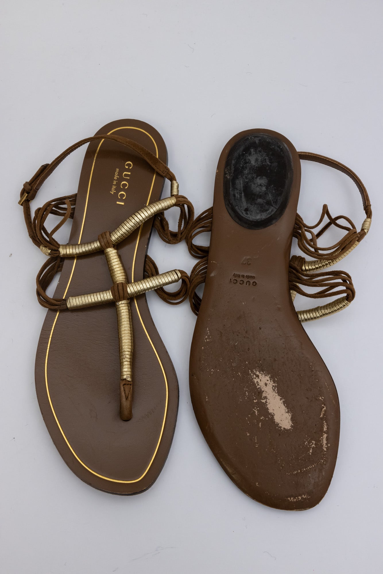 GUCCI Brown and Gold Leather Strap Sandals