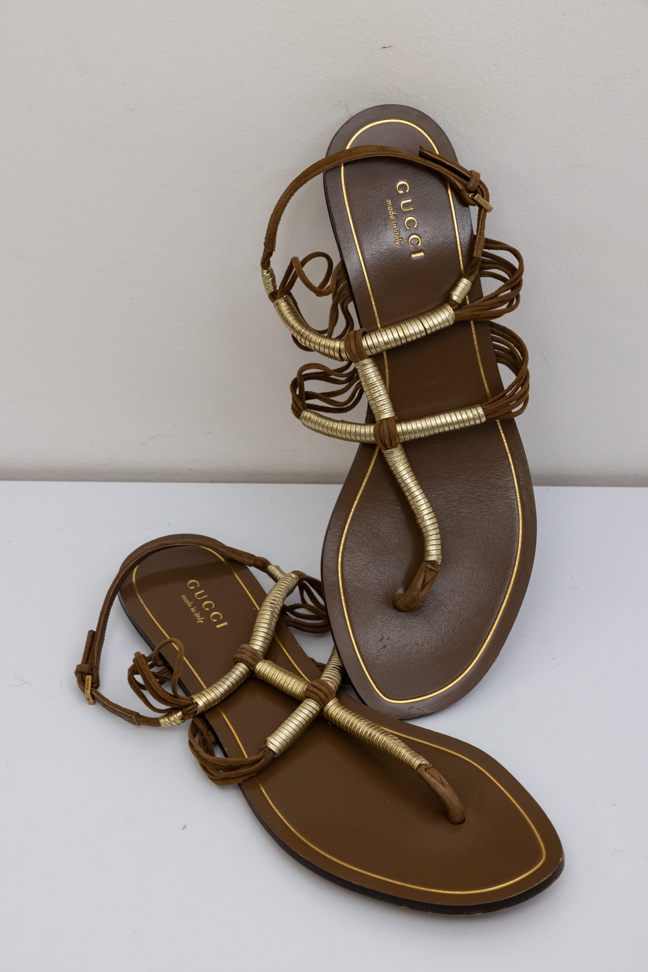 Gucci Brown and Gold Leather Strap Sandals | Size IT 37 | Made in Italy
