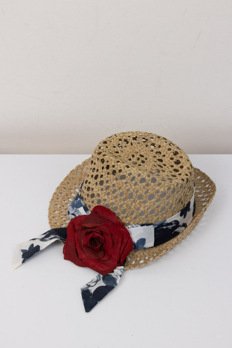 MONNALISA Elegant Beige Straw Hat with Ribbon and Red Rose