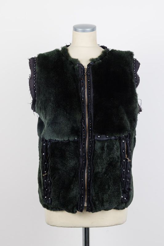 Lanvin Fourier dark green fur vest made from 100% fur, size 40, featuring beadwork and decorative details. Zip front closure, elegant design, in excellent condition. Made in Italy