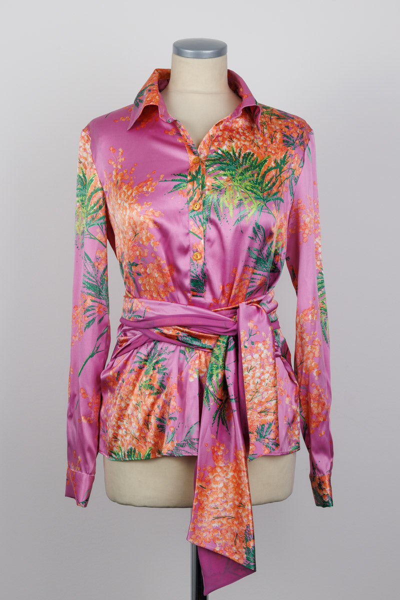 BLUMARINE Floral Pink Silk Kimono Shirt with Kimono Belt | Size I 44, D 38 | Very Good Condition | Made in Italy