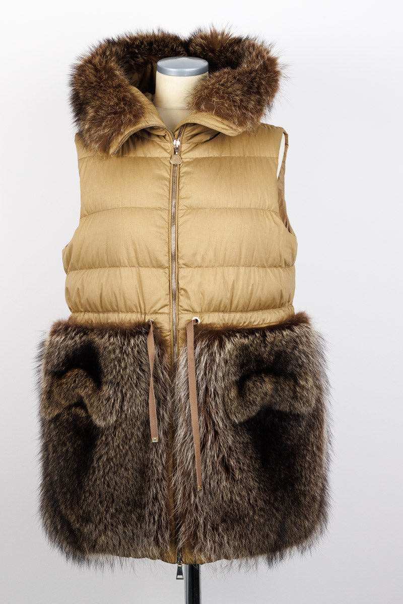 MONCLER luxury long quilted vest with real marmot fur inserts on the hood, beige color, size 3, in excellent condition. Features a front zip closure, drawstring waist, and practical snap flap pockets.