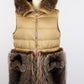 MONCLER luxury long quilted vest with real marmot fur inserts, beige color, size 3, in excellent condition. Elegant design featuring front zip closure, drawstring waist, and practical snap flap pockets