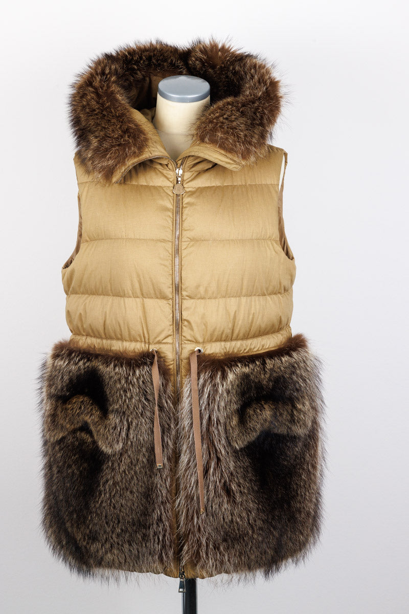 MONCLER luxury long quilted vest with real marmot fur inserts, beige color, size 3, in excellent condition. Elegant design featuring front zip closure, drawstring waist, and practical snap flap pockets