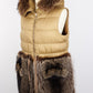 MONCLER luxury long quilted vest with real marmot fur inserts on the hood, beige color, size 3, in excellent condition. Features a front zip closure, drawstring waist, and practical snap flap pockets.