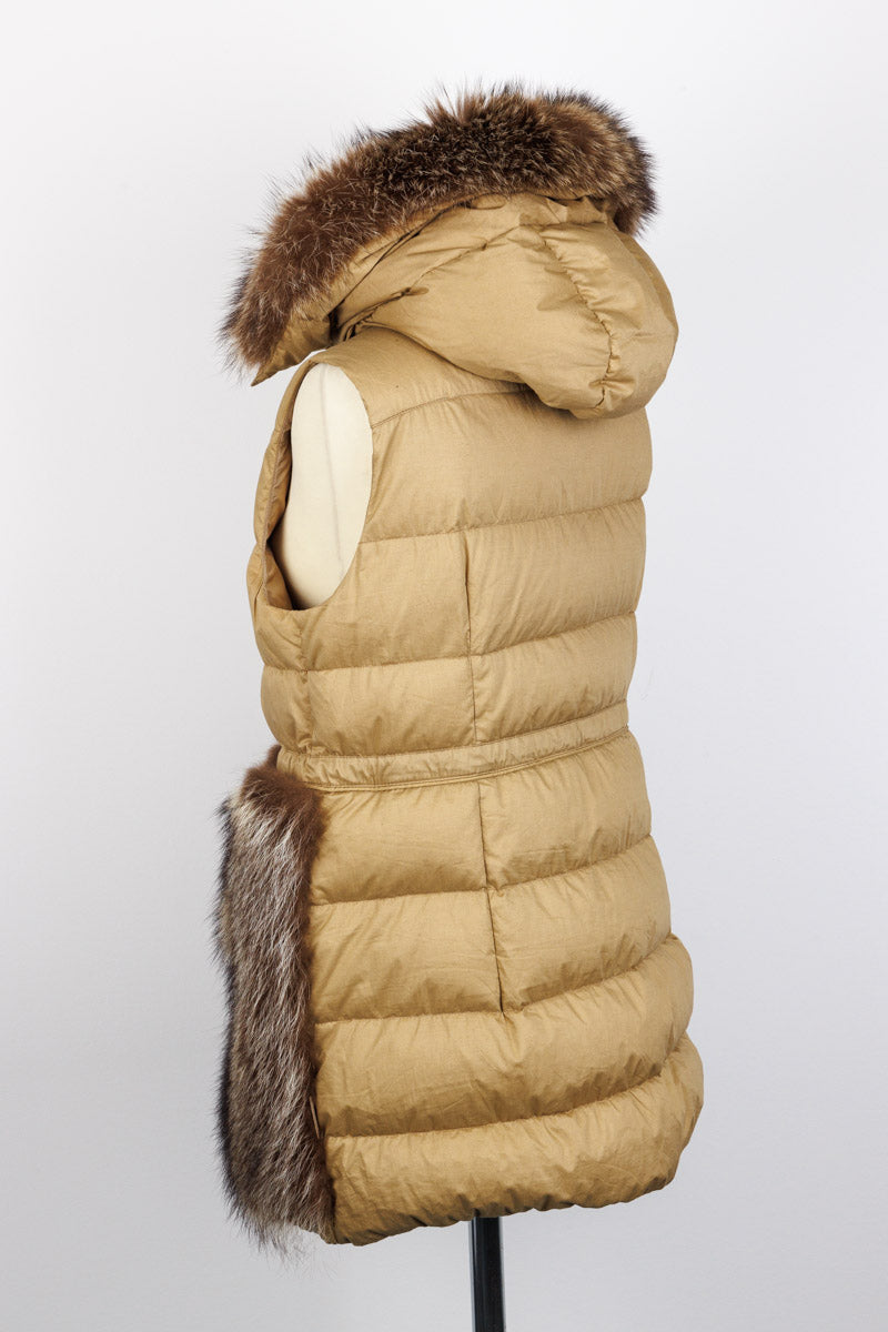 MONCLER Luxury Long Quilted Vest with Real Marmot Fur Hood Inserts – Size 3 | Excellent Condition