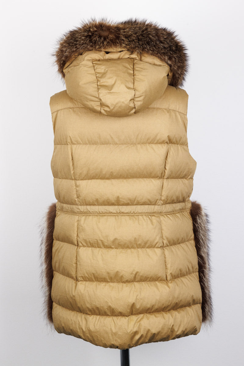 MONCLER Luxury Long Quilted Vest with Real Marmot Fur Hood Inserts – Size 3 | Excellent Condition