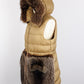 MONCLER luxury long quilted vest with real marmot fur inserts on the hood, beige color, size 3, in excellent condition. Features a front zip closure, drawstring waist, and practical snap flap pockets.