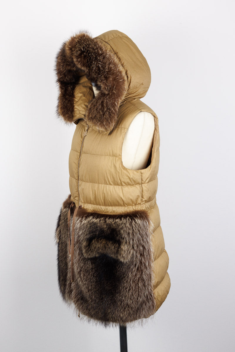 MONCLER luxury long quilted vest with real marmot fur inserts on the hood, beige color, size 3, in excellent condition. Features a front zip closure, drawstring waist, and practical snap flap pockets.