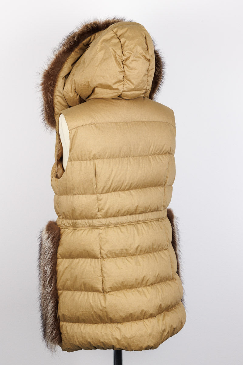 MONCLER Luxury Long Quilted Vest with Real Marmot Fur Hood Inserts – Size 3 | Excellent Condition