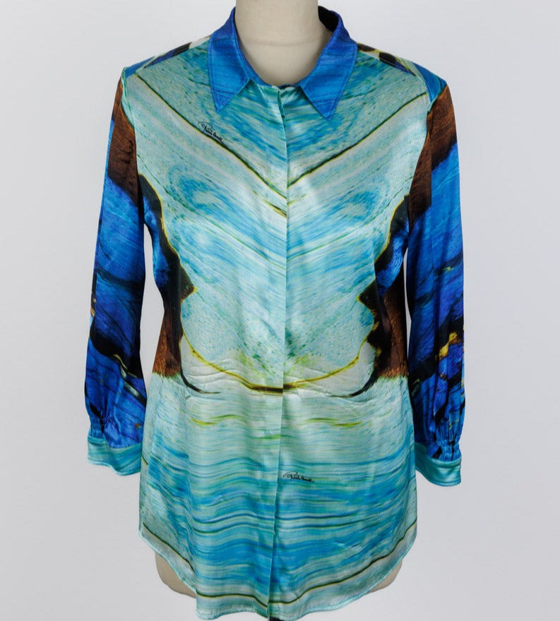 ROBERTO CAVALLI Blue Silk Printed Blouse 